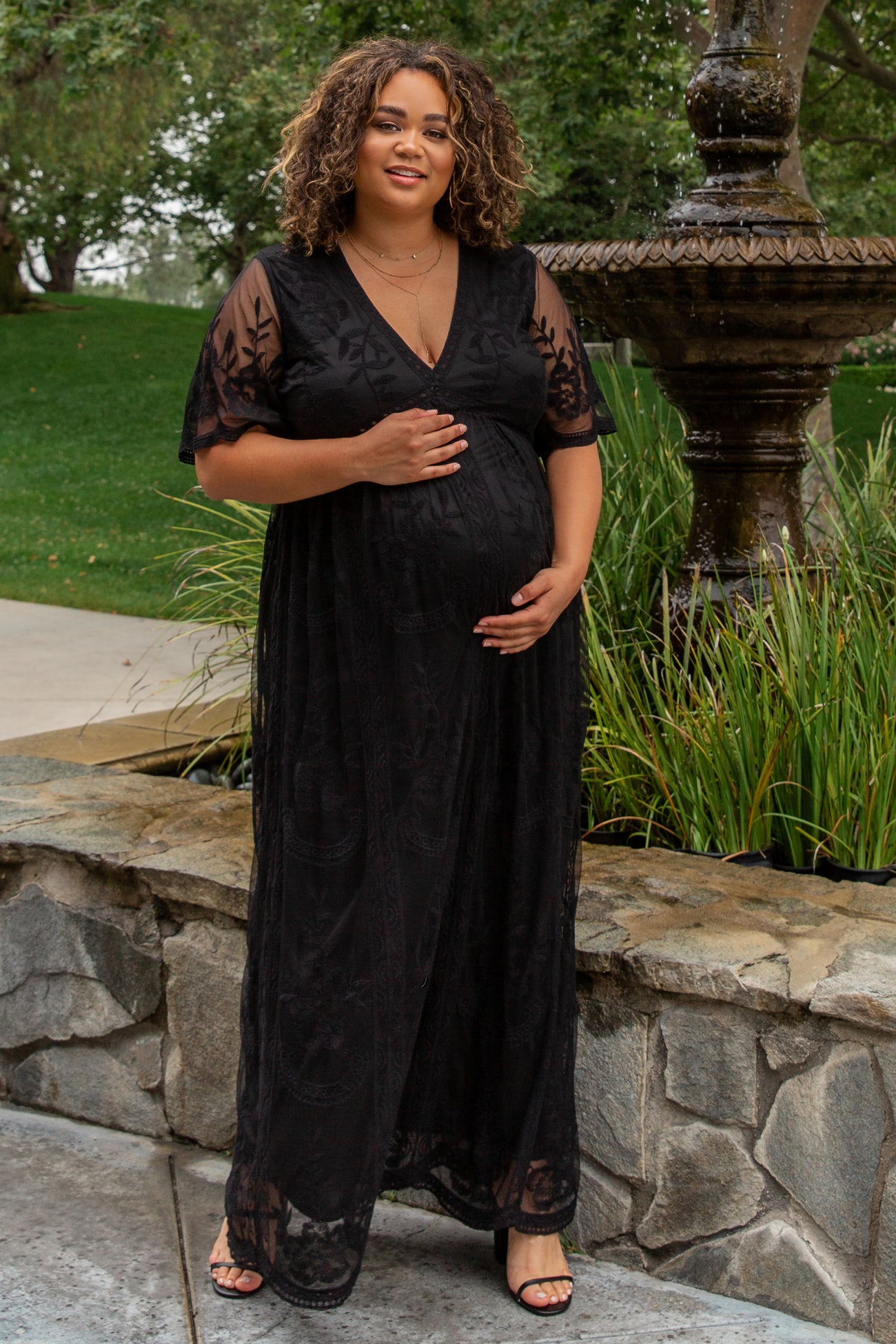 PinkBlush Black Lace Mesh Overlay Maternity Plus Maxi Dress