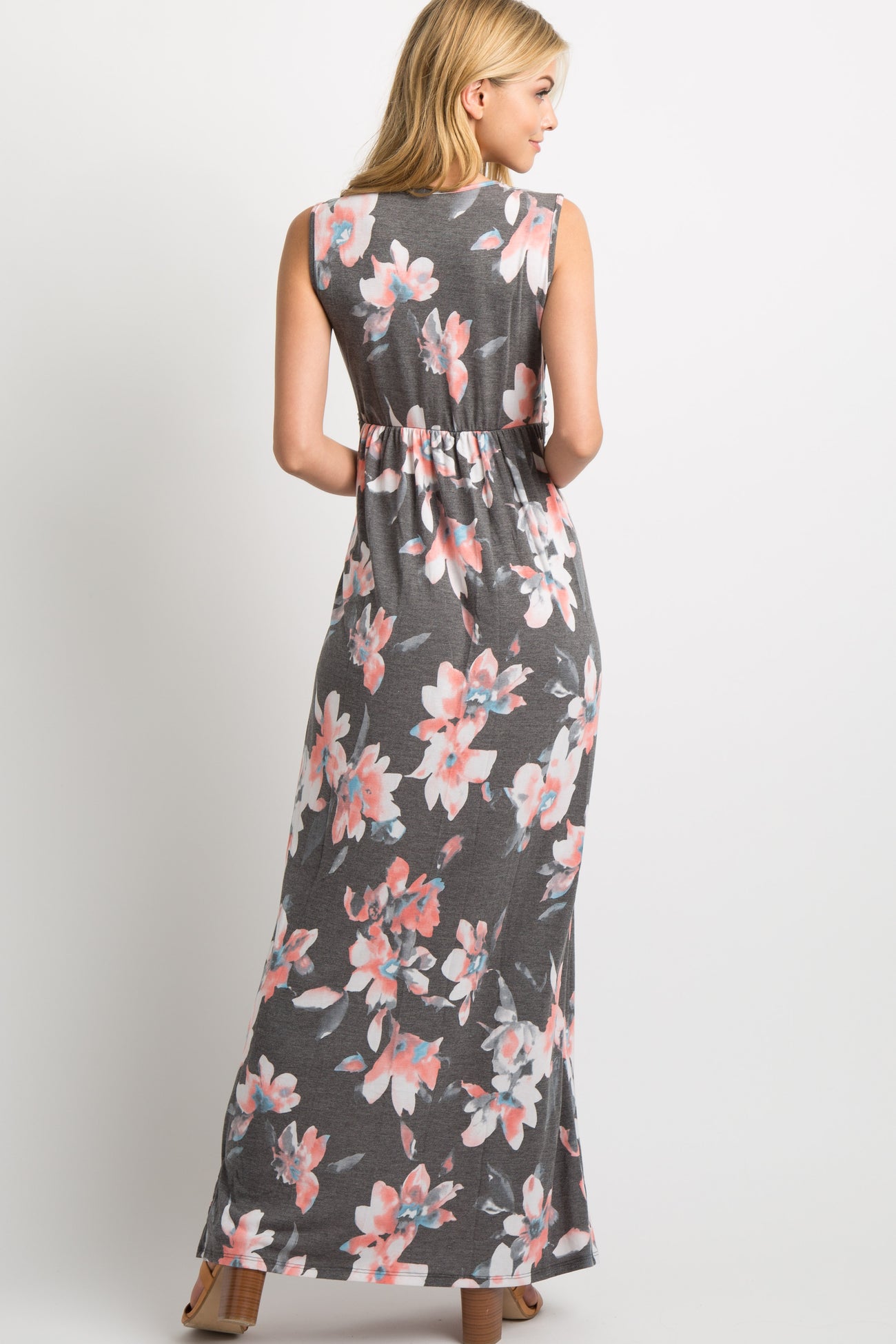 Charcoal Grey Floral Sleeveless Knot Front Maxi Dress