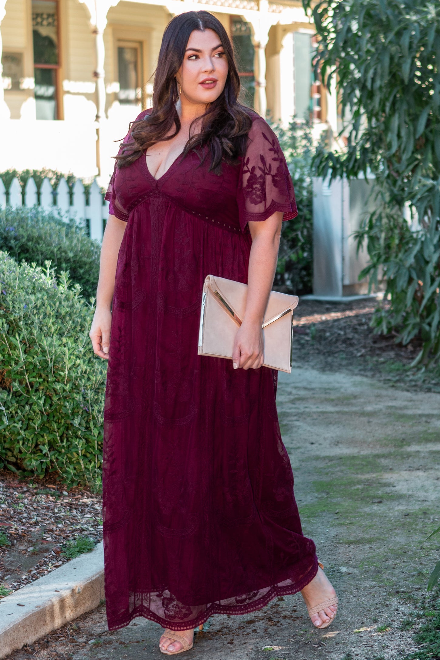PinkBlush Burgundy Lace Mesh Overlay Plus Maxi Dress
