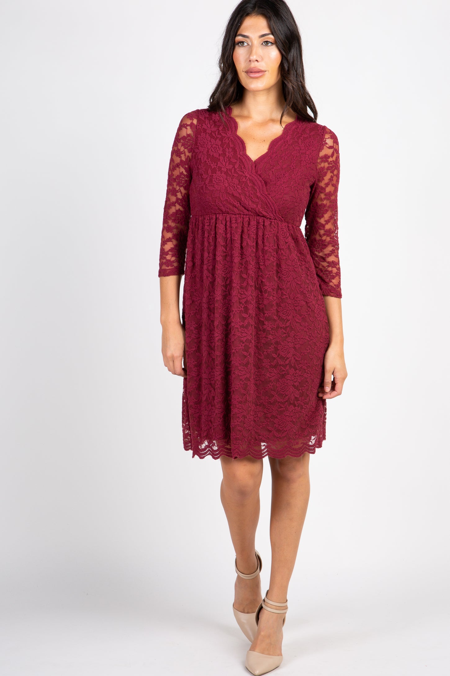 PinkBlush Burgundy Lace Overlay Maternity Wrap Dress