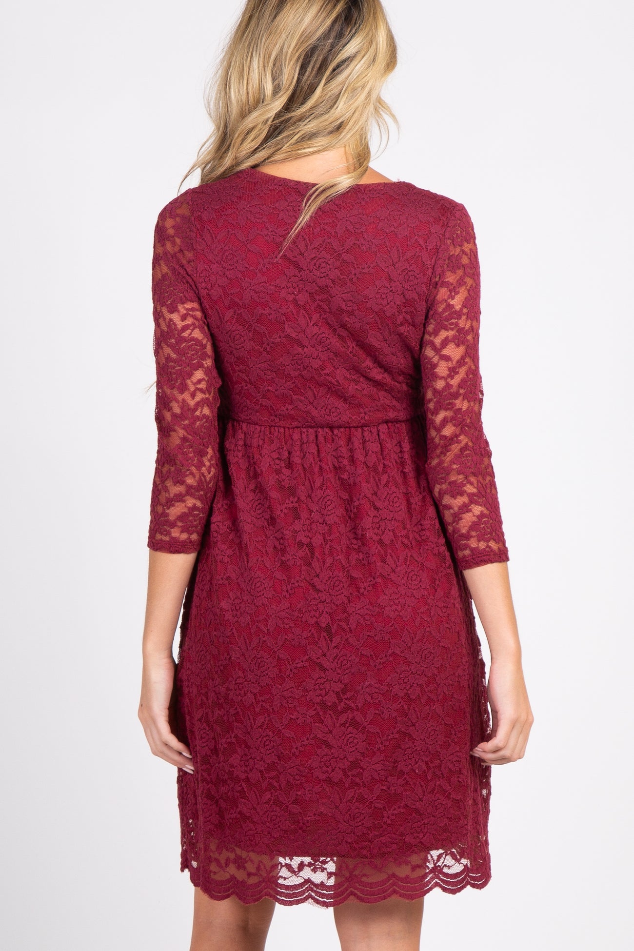 PinkBlush Burgundy Lace Overlay Maternity Wrap Dress