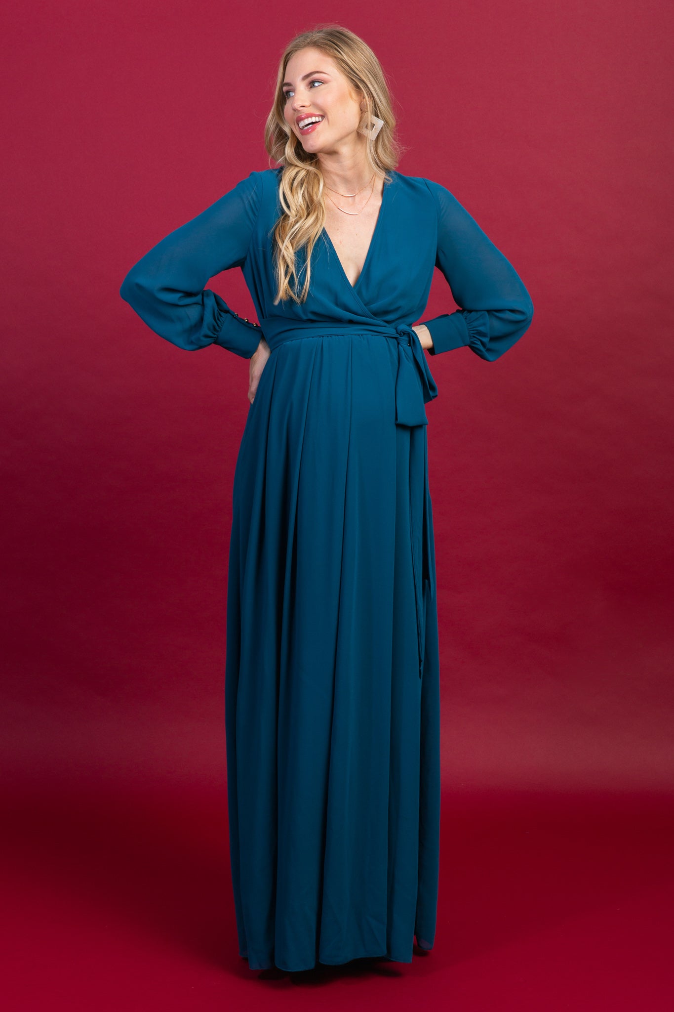 Teal Chiffon Long Sleeve Pleated Maternity Maxi Dress