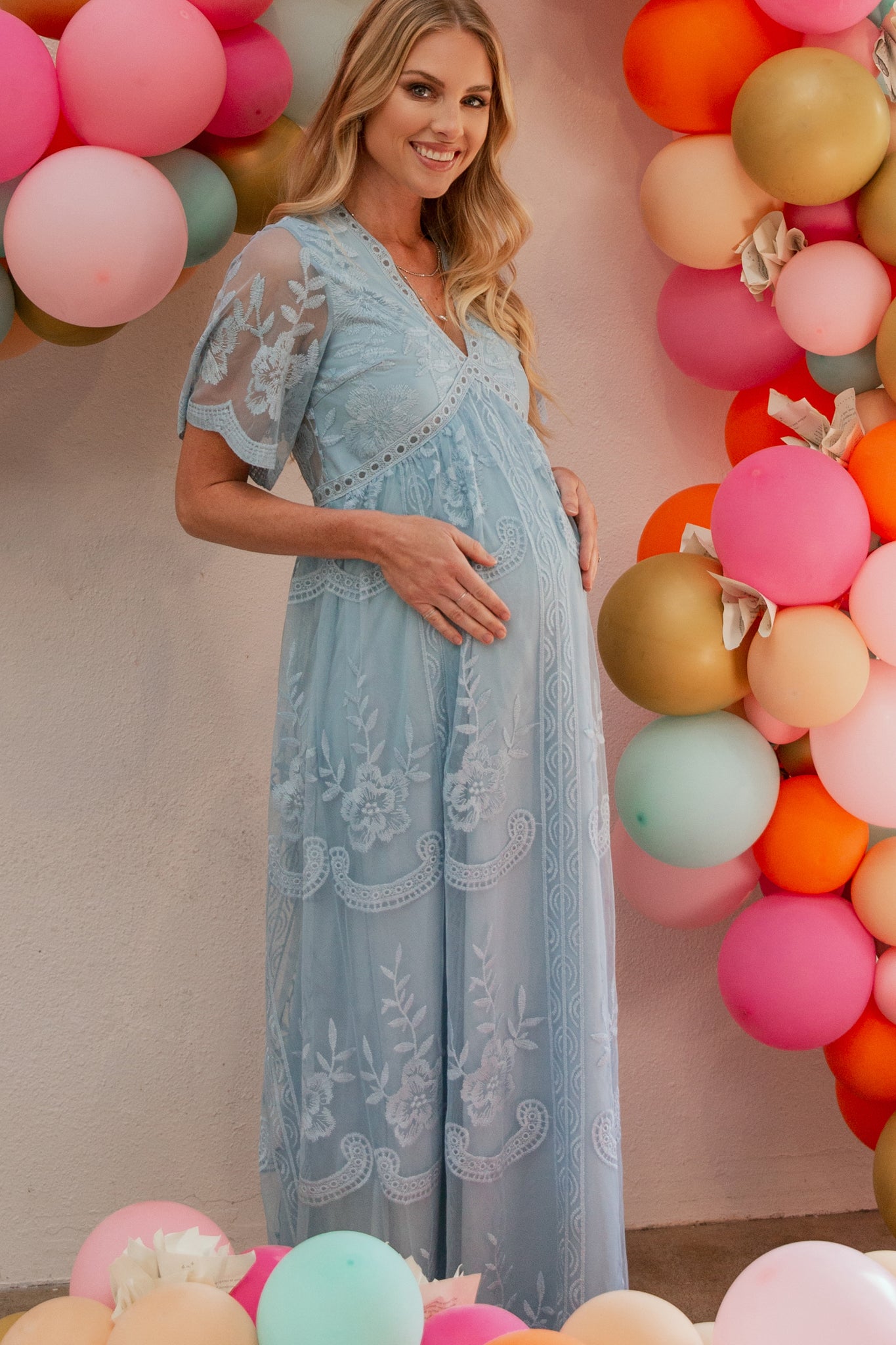 PinkBlush Light Blue Lace Mesh Overlay Maternity Maxi Dress