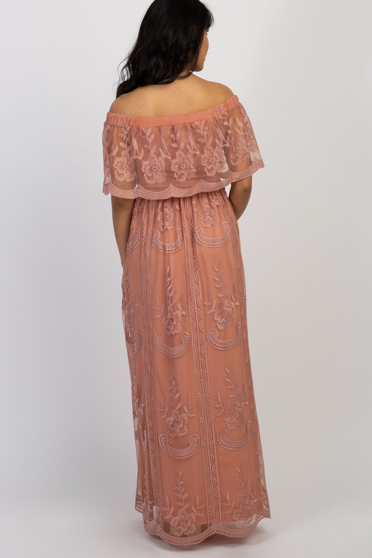 Light Pink Lace Mesh Overlay Off Shoulder Maternity Maxi Dress
