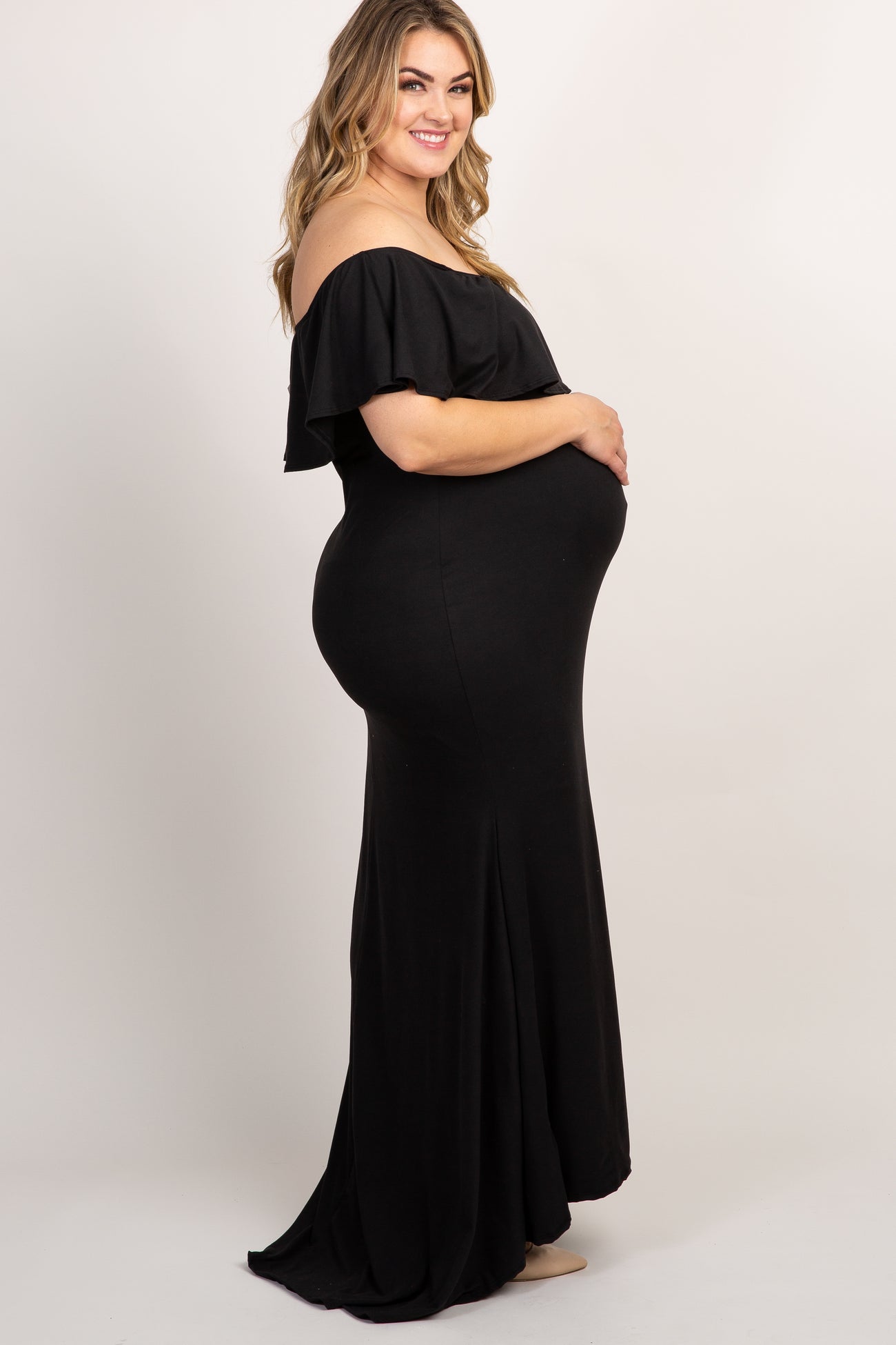 PinkBlush Black Ruffle Off Shoulder Mermaid Maternity Plus Photoshoot Gown/Dress