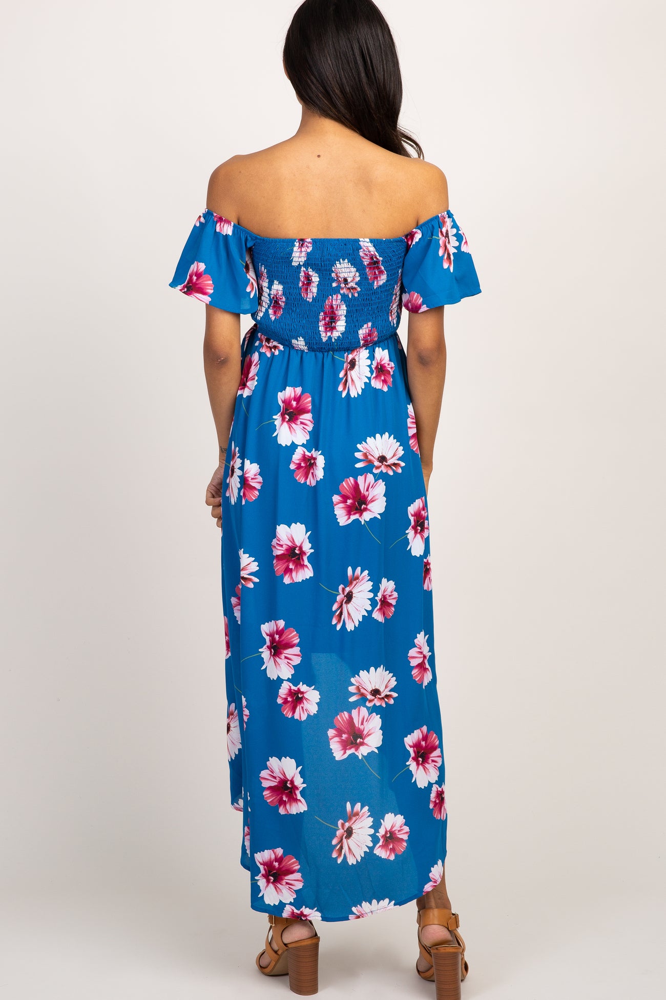 Blue Floral Smocked Off Shoulder Maternity Dress