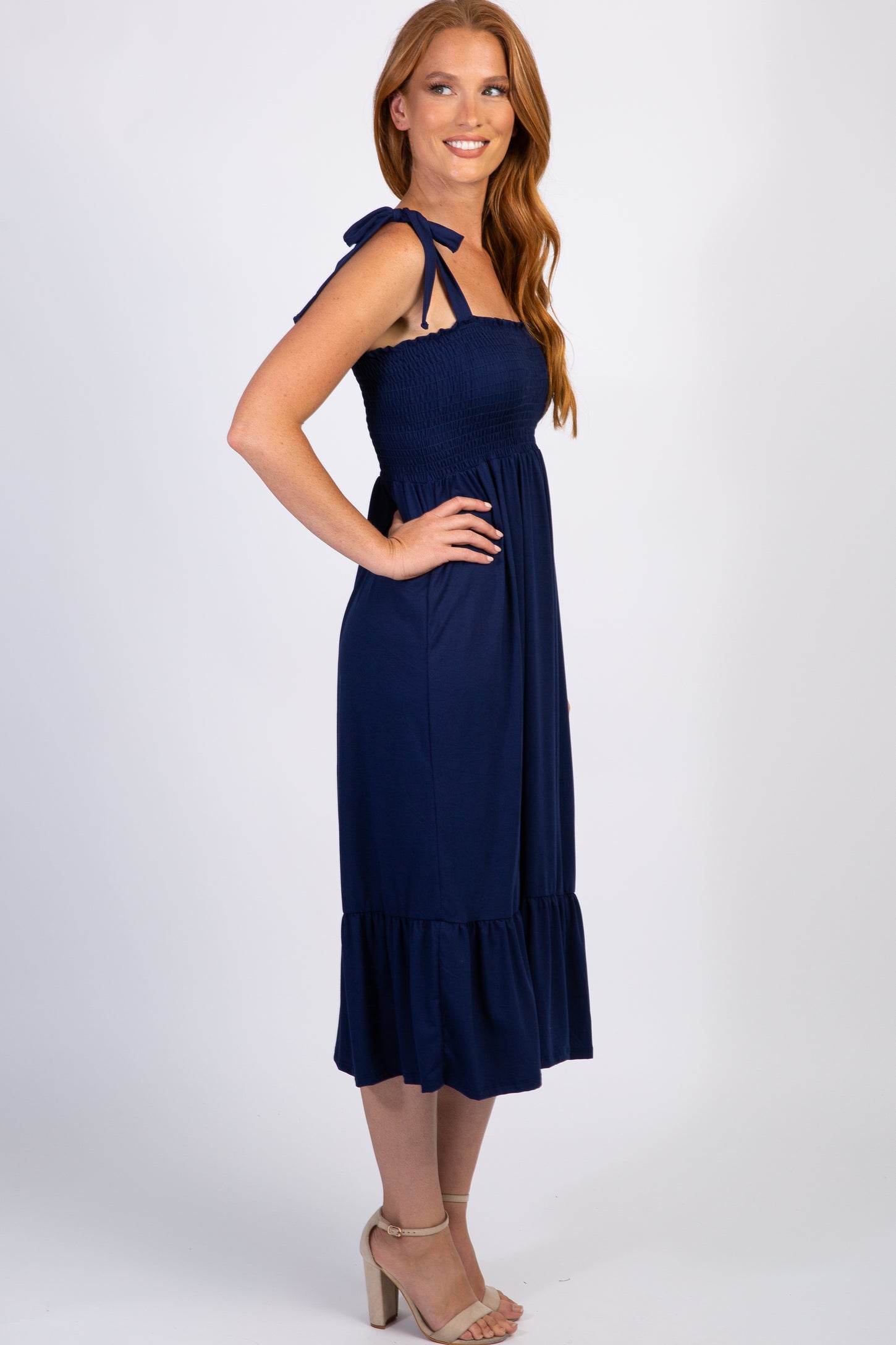 Navy Solid Self-Tie Smocked Midi Dress