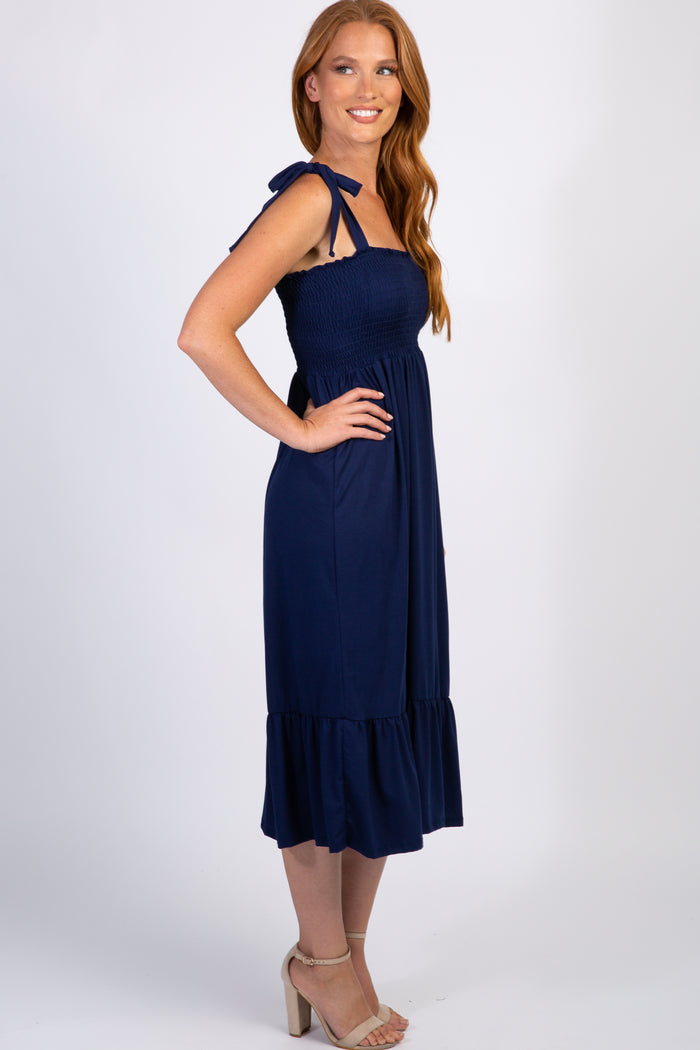 Navy Solid Self-Tie Smocked Midi Dress