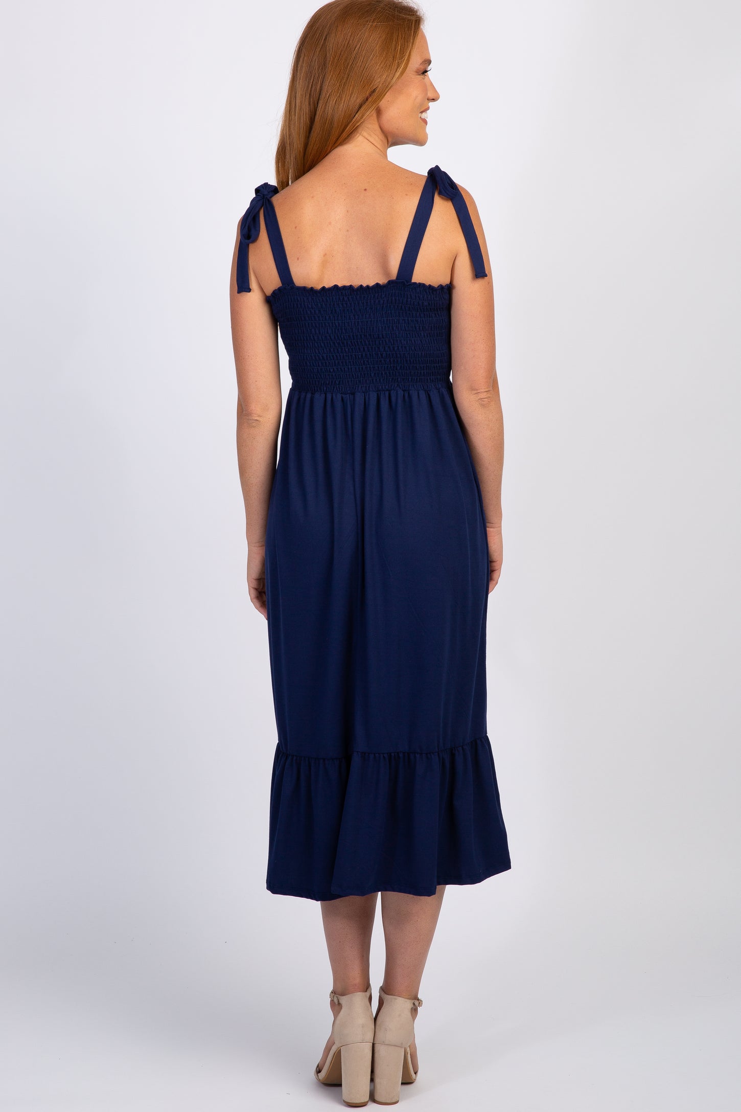 Navy Solid Self-Tie Smocked Midi Dress