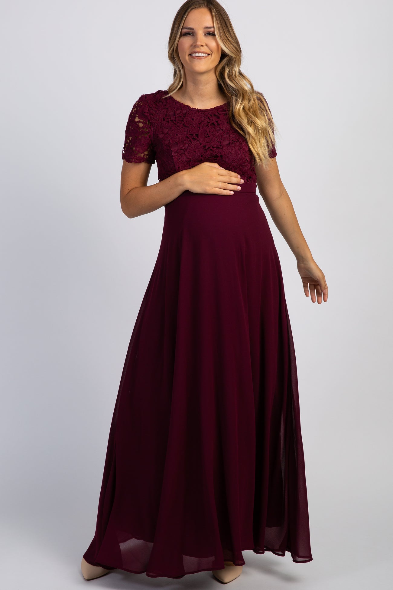 Burgundy Crochet Top Open Back Maternity Evening Gown