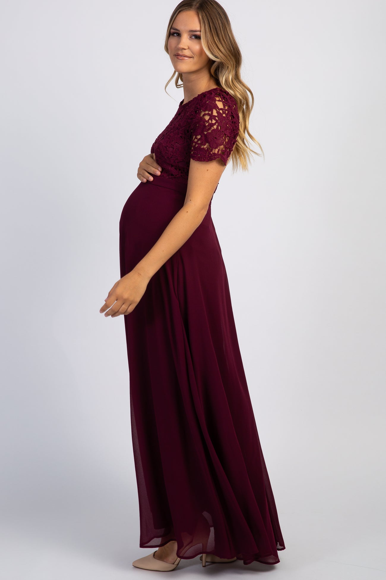 Burgundy Crochet Top Open Back Maternity Evening Gown