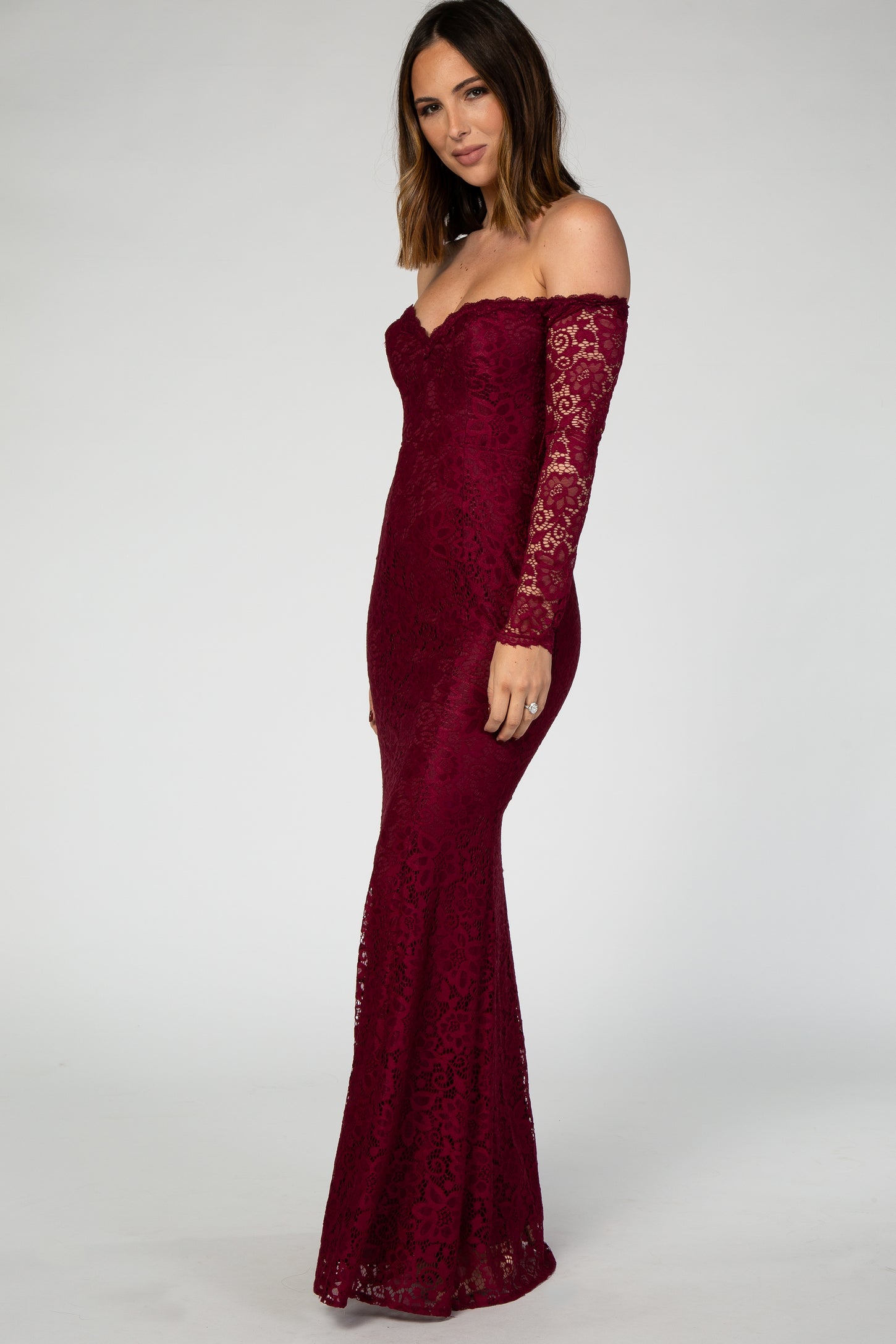 PinkBlush Burgundy Lace Off Shoulder Long Sleeve Maxi Dress