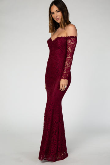 PinkBlush Burgundy Lace Off Shoulder Long Sleeve Maxi Dress