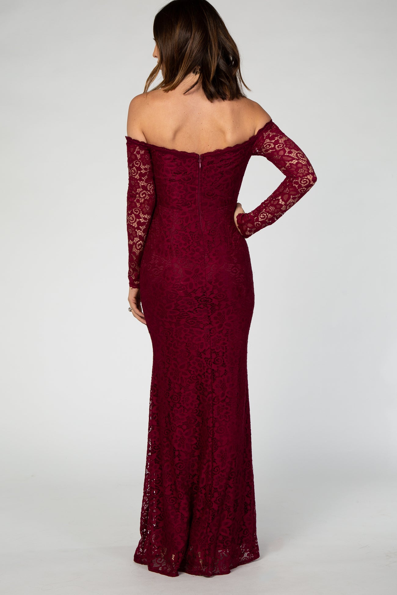 PinkBlush Burgundy Lace Off Shoulder Long Sleeve Maxi Dress