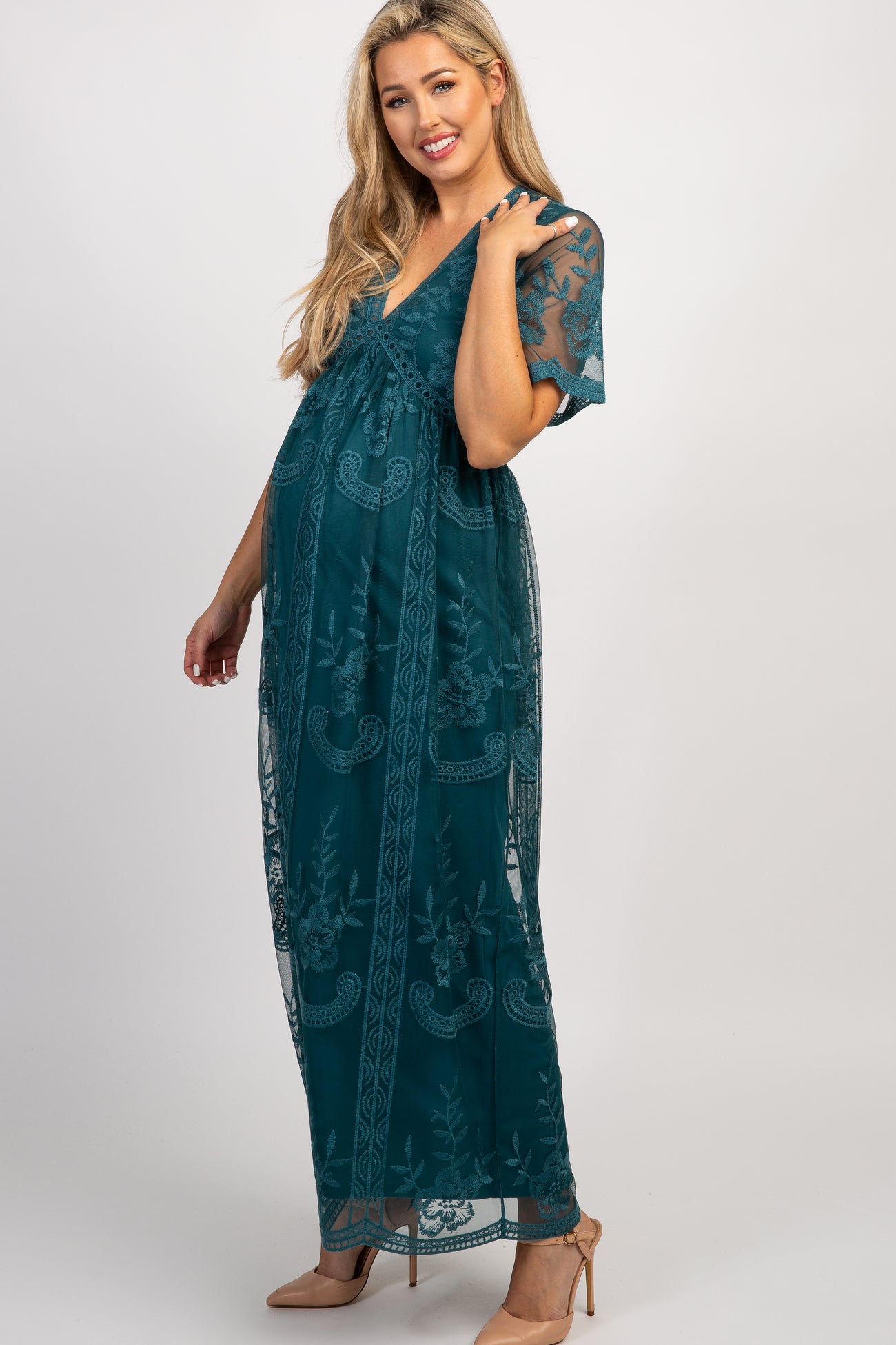 Dark Turquoise Lace Mesh Overlay Maternity Maxi Dress