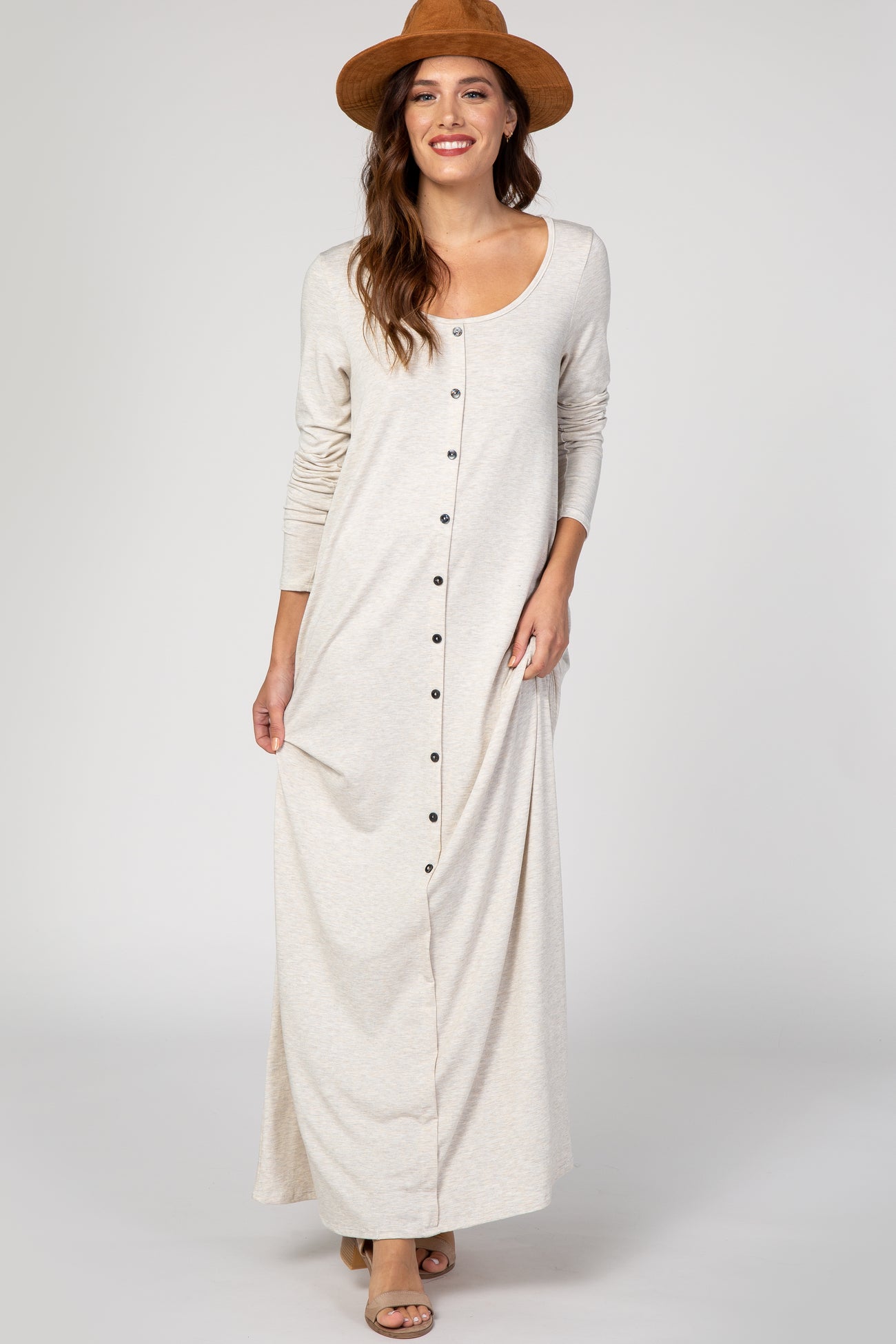 PinkBlush Beige Button Front Maternity Maxi Dress