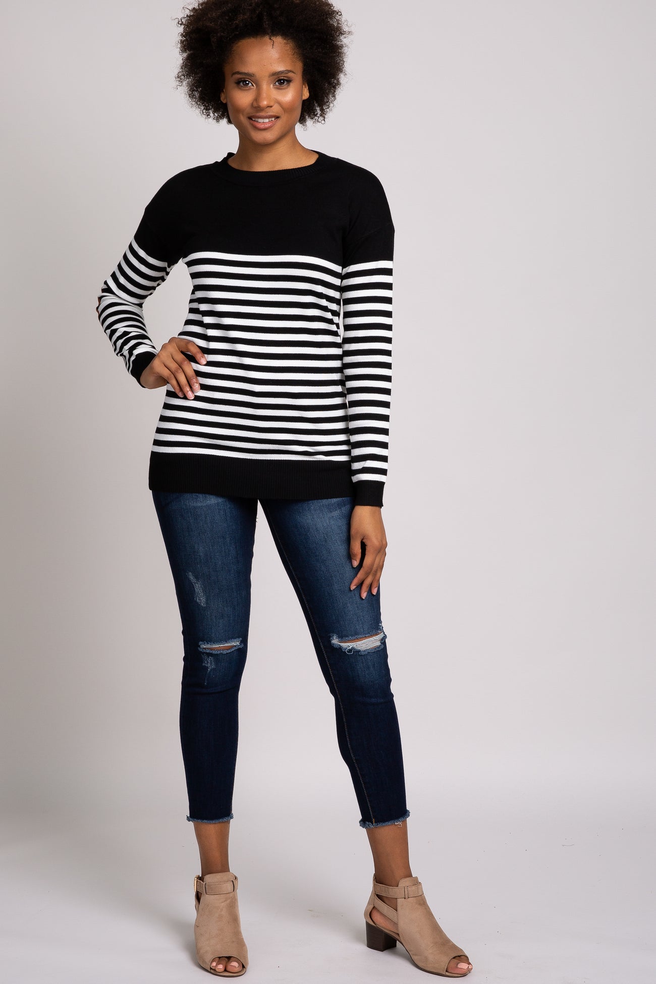 PinkBlush Black Striped Elbow Patch Knit Sweater