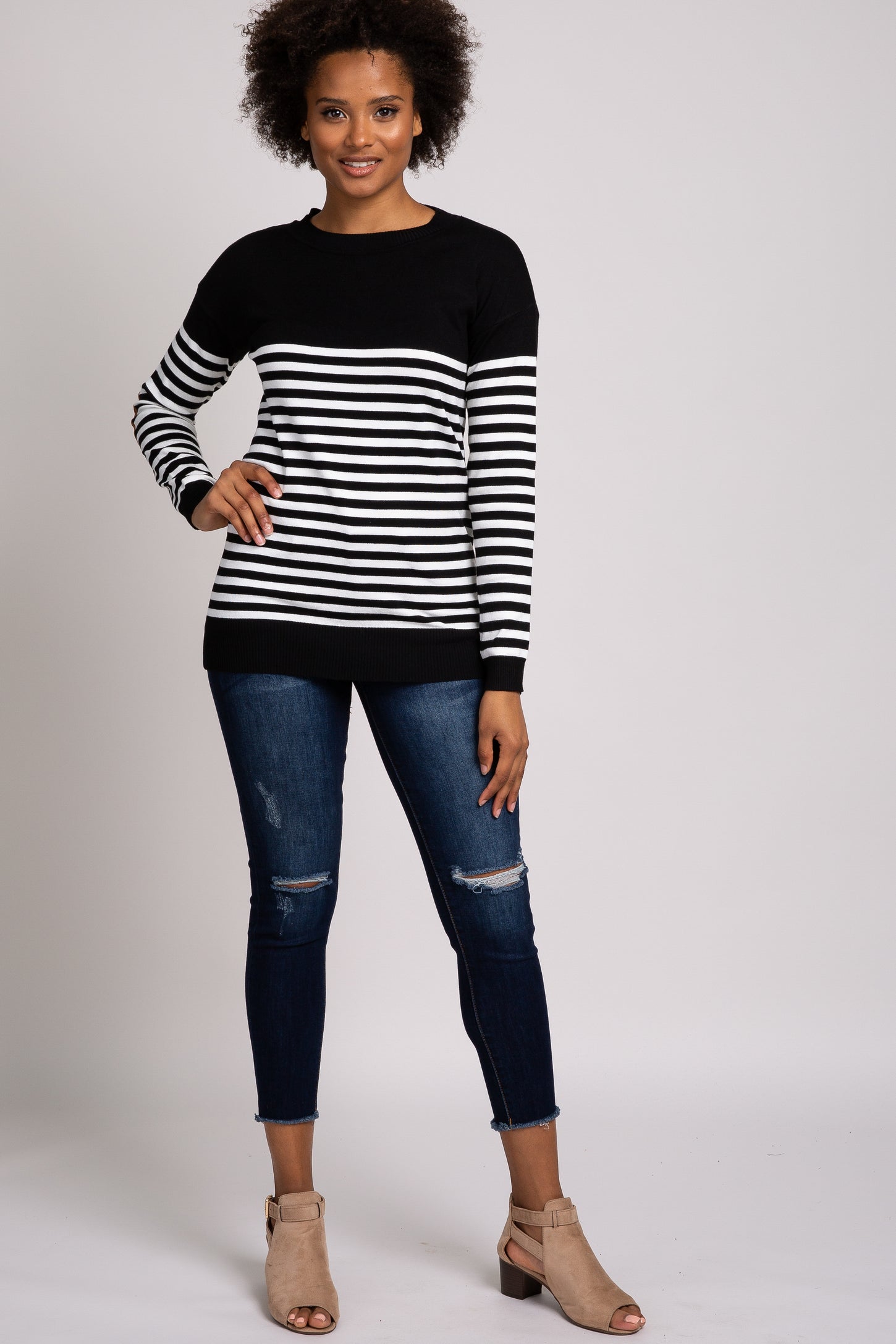PinkBlush Black Striped Elbow Patch Knit Sweater