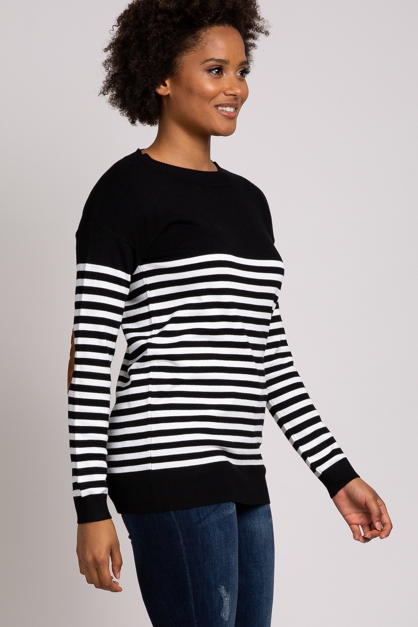 PinkBlush Black Striped Elbow Patch Knit Sweater