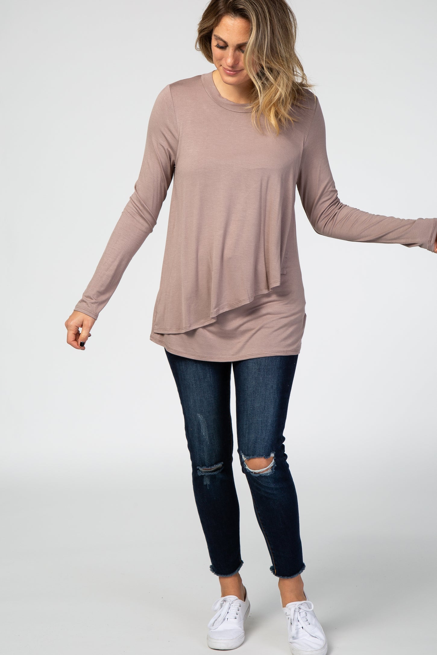 PinkBlush Taupe Solid Layered Front Long Sleeve Nursing Top