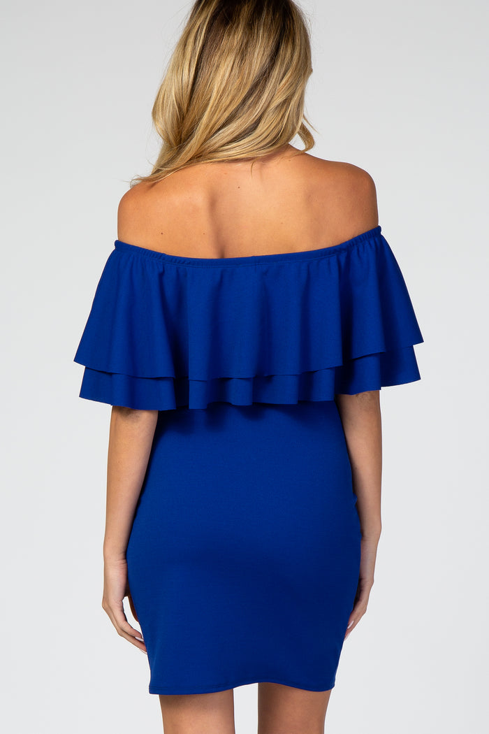PinkBlush Blue Double Layer Ruffle Off Shoulder Maternity Dress