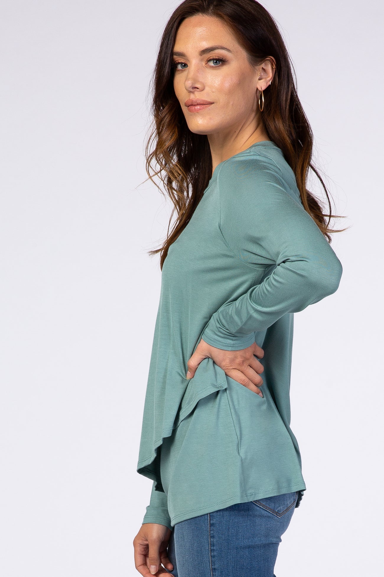 PinkBlush Light Olive Solid Layered Front Long Sleeve Nursing Top