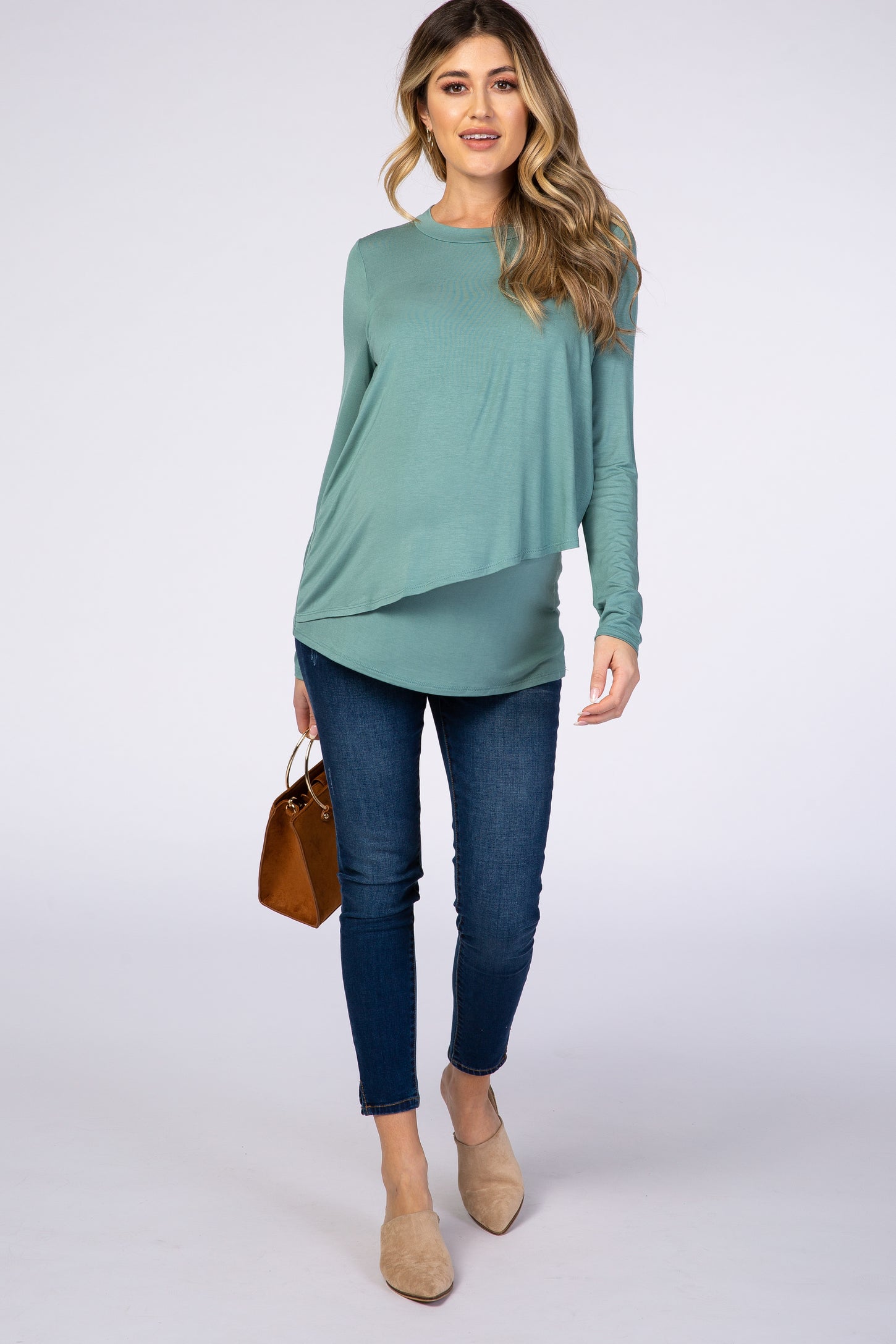 PinkBlush Light Olive Solid Layered Front Long Sleeve Maternity/Nursing Top