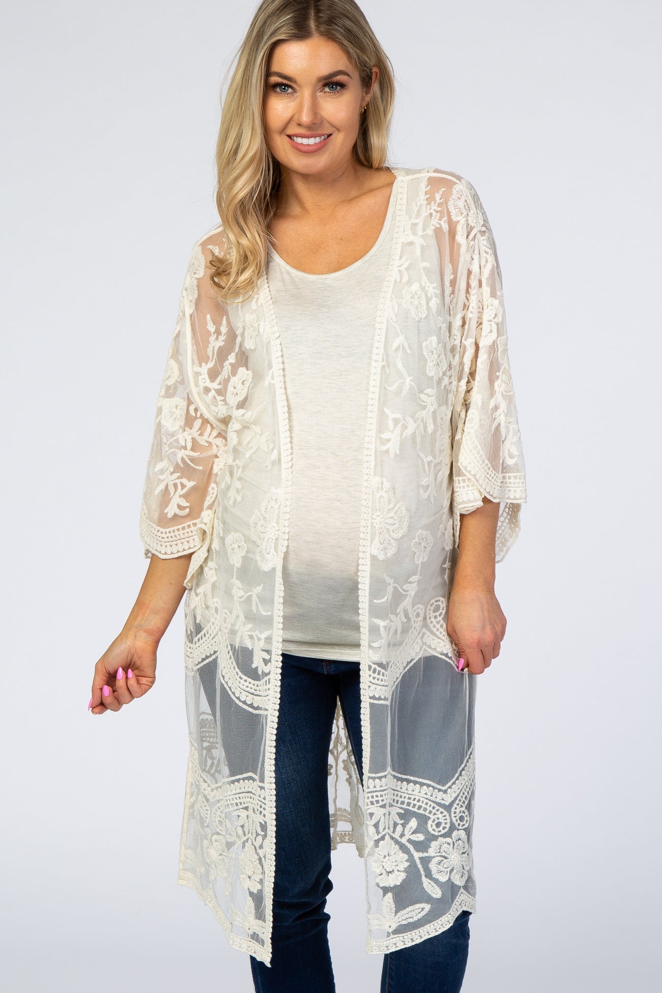White Lace 3/4 Sleeve Maternity Cover Up