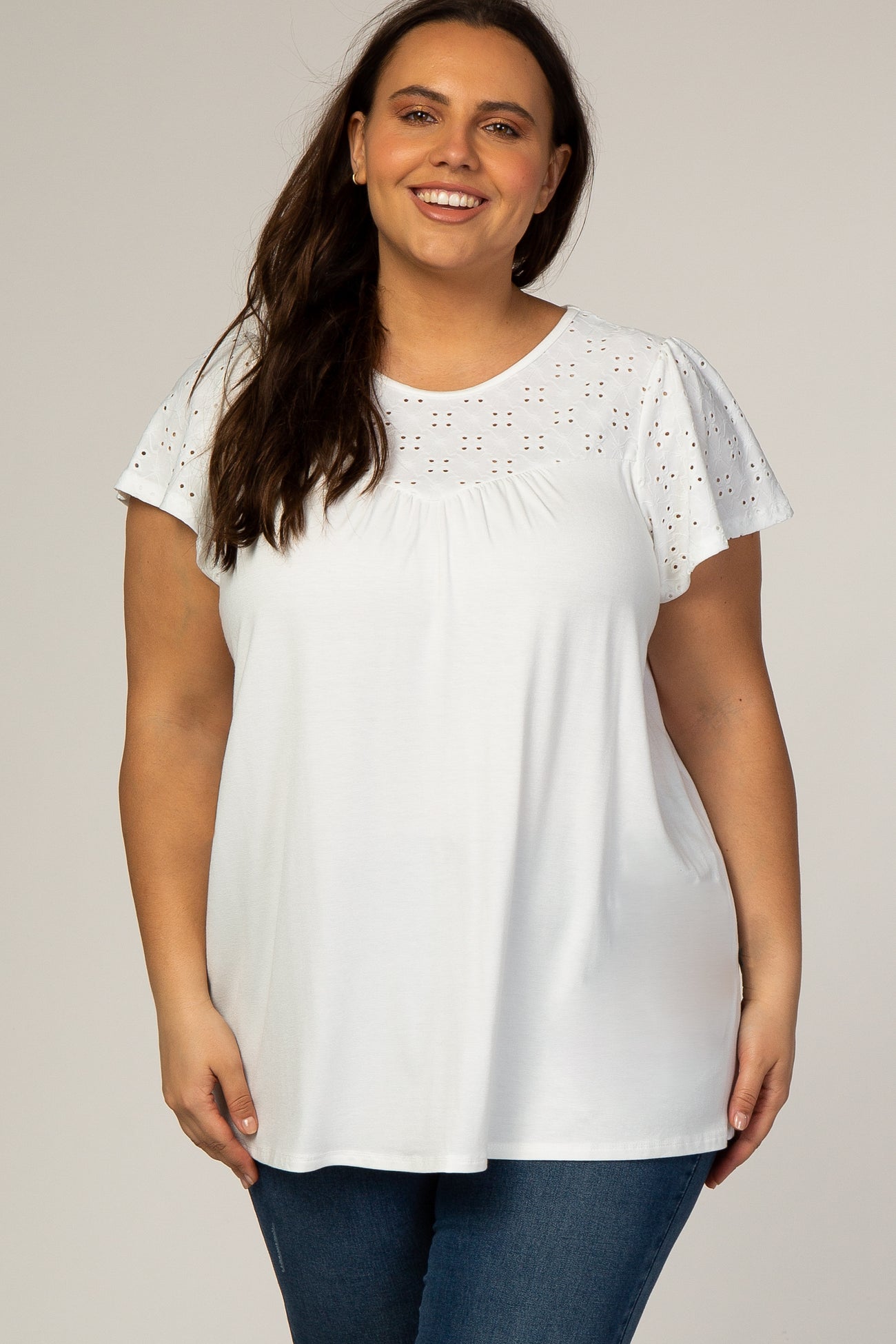 PinkBlush Ivory Eyelet Short Flutter Sleeve Plus Maternity Top