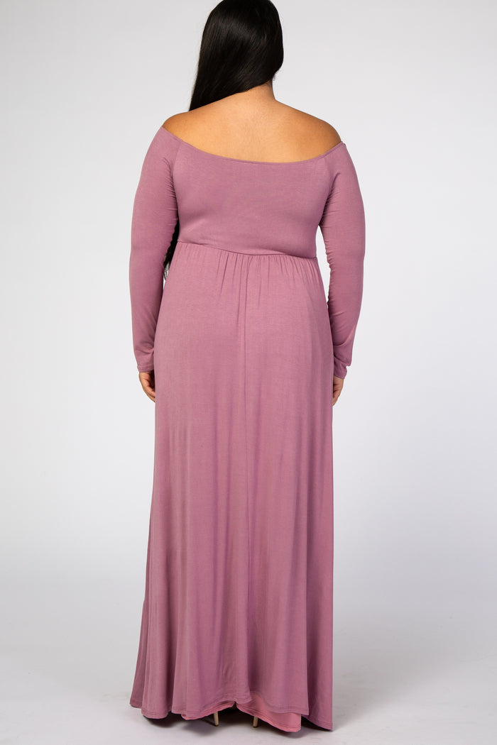Mauve Solid Off Shoulder Plus Maternity Maxi Dress