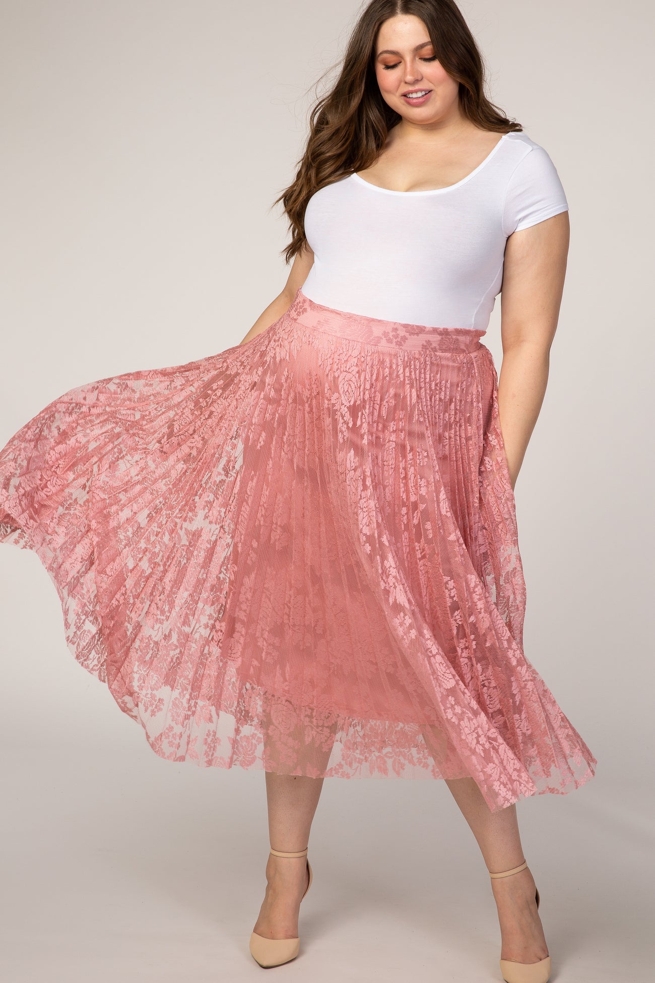 Pink Lace Plus Maternity Midi Skirt