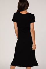 Black Fitted Short Sleeve Midi Dress