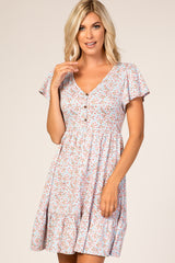 Blue Floral Ruffle Accent Dress