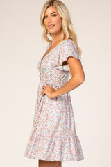 Blue Floral Ruffle Accent Dress