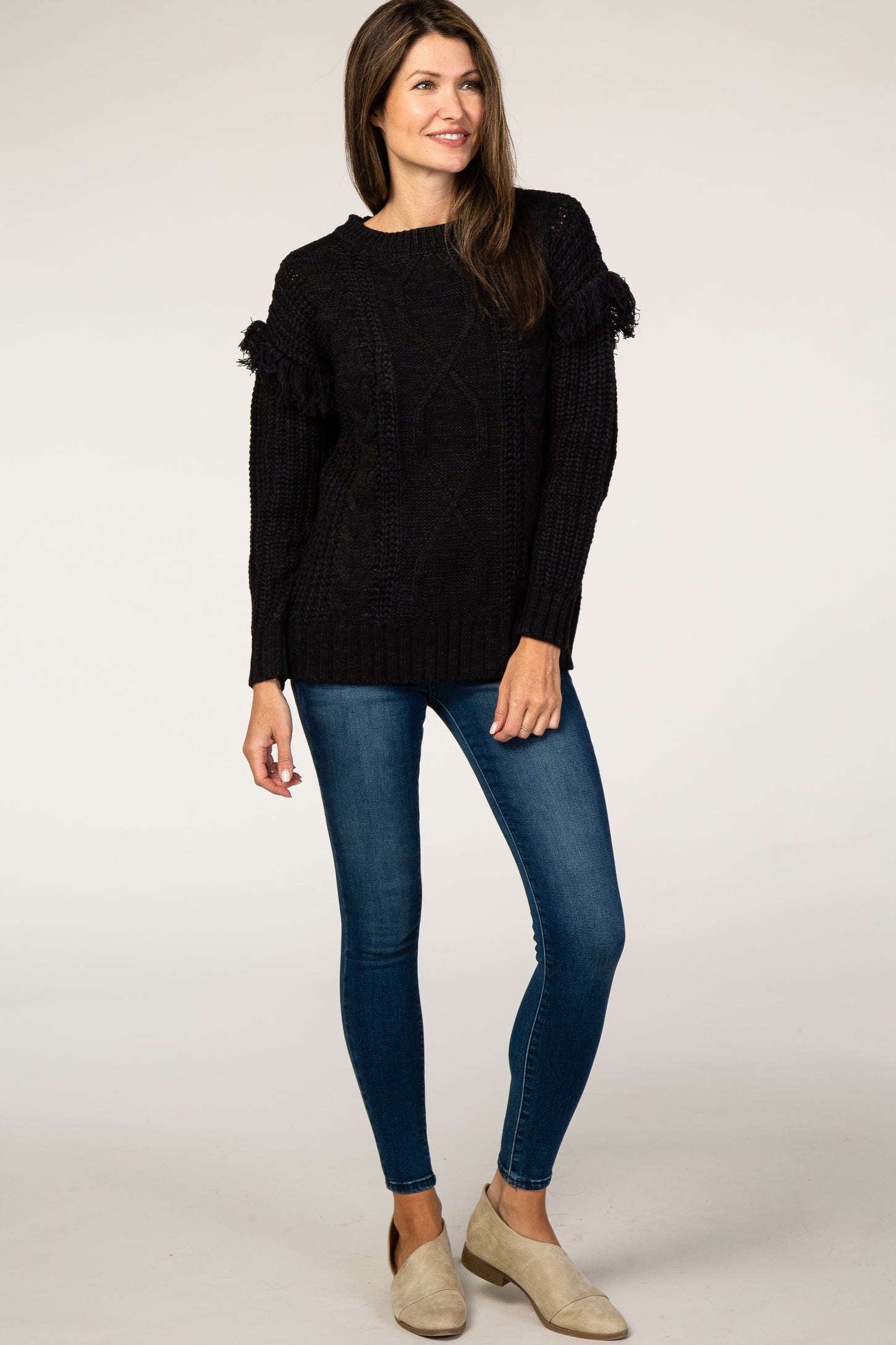 Black Cable Knit Fringe Sleeve Sweater