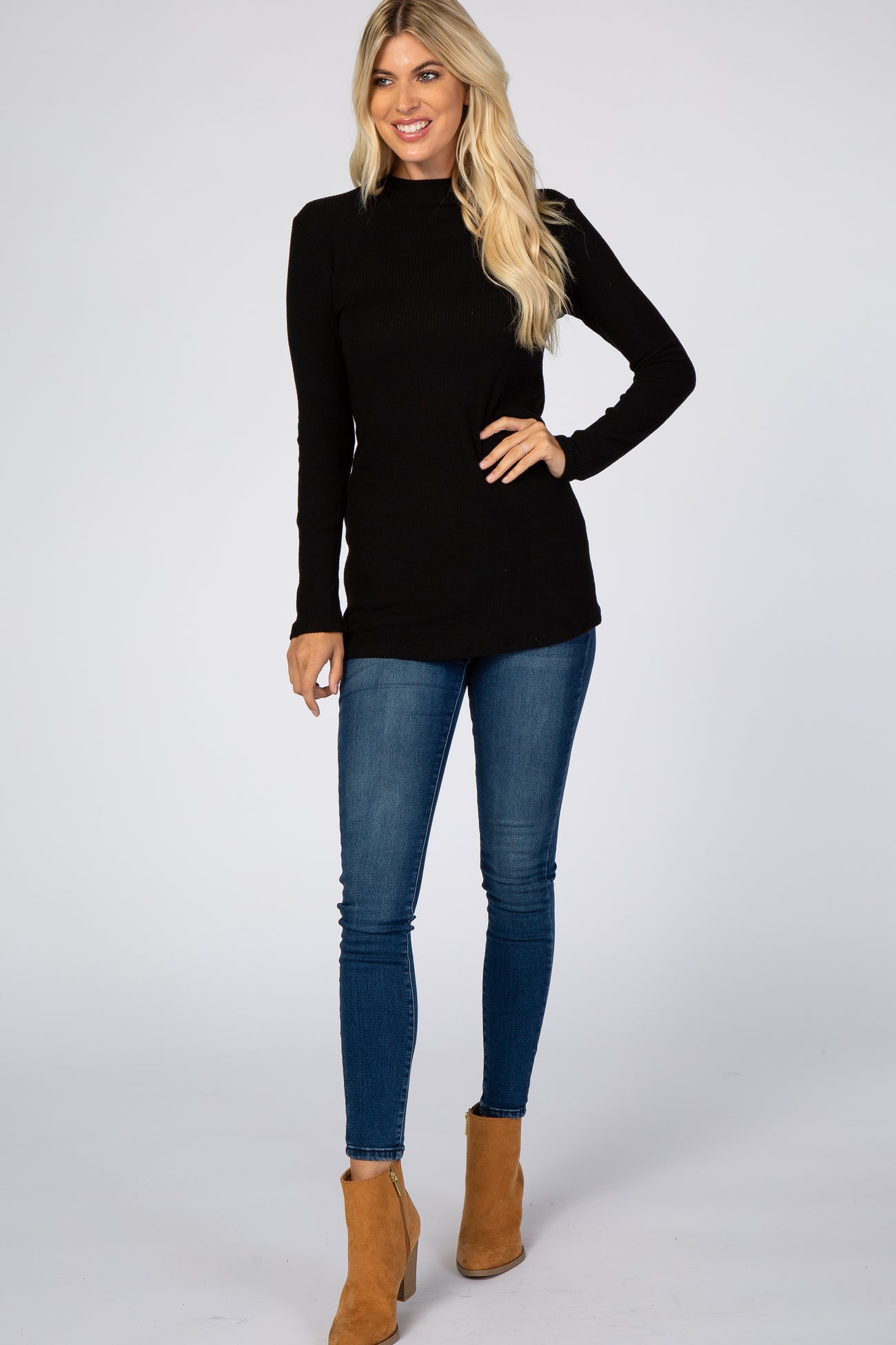 Black Ribbed Long Sleeve Mock Neck Top