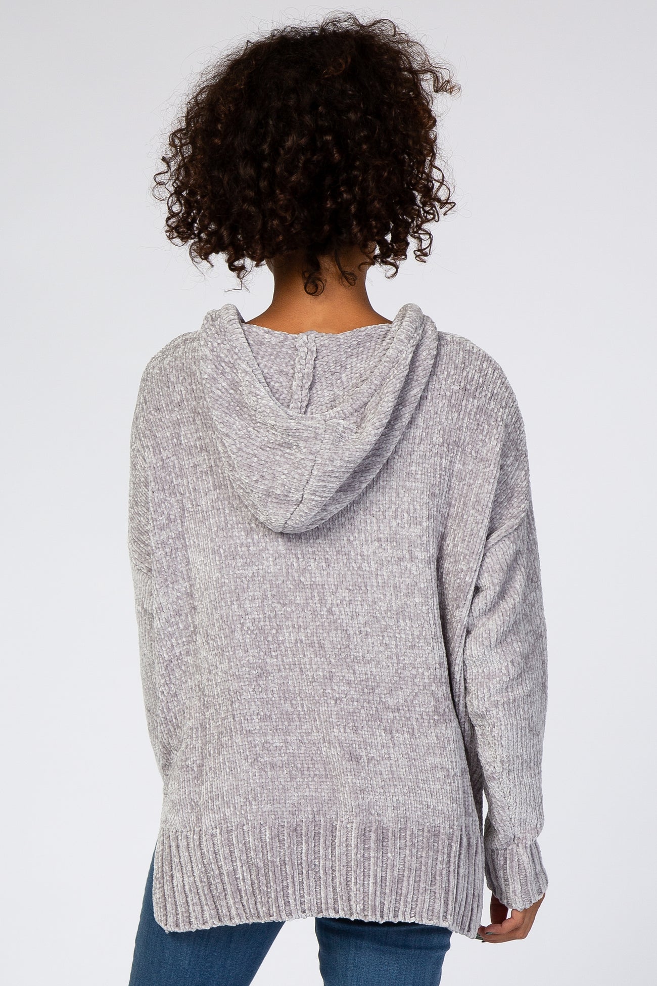 Heather Grey Chenille V-Neck Hooded Sweater
