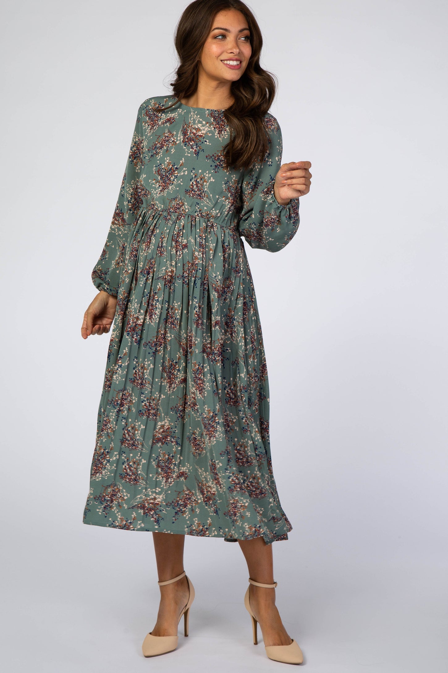 Jade Floral Pleated Skirt Maternity Midi Dress