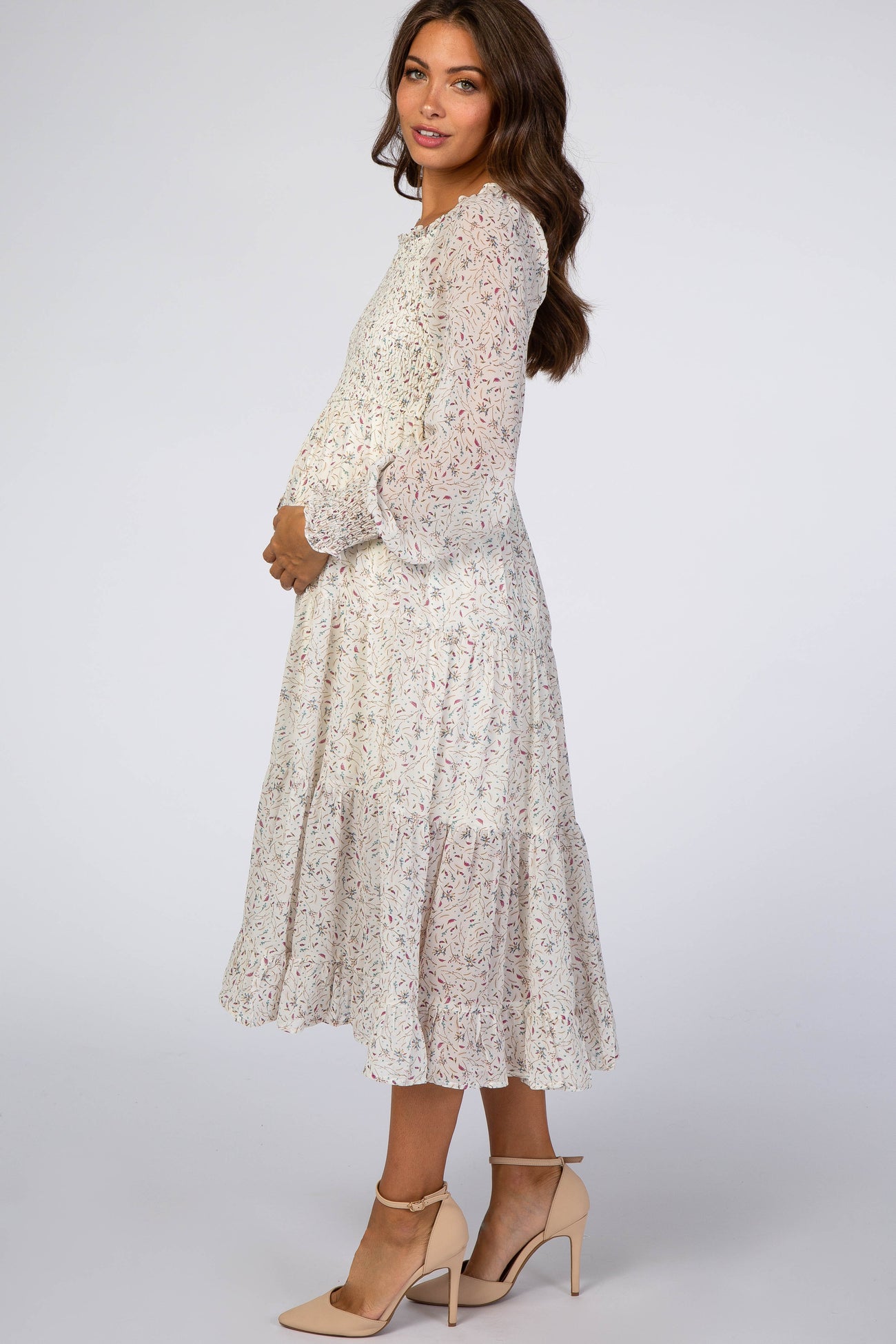 Ivory Floral Smocked Front Ruffle Hem Maternity Midi Dress