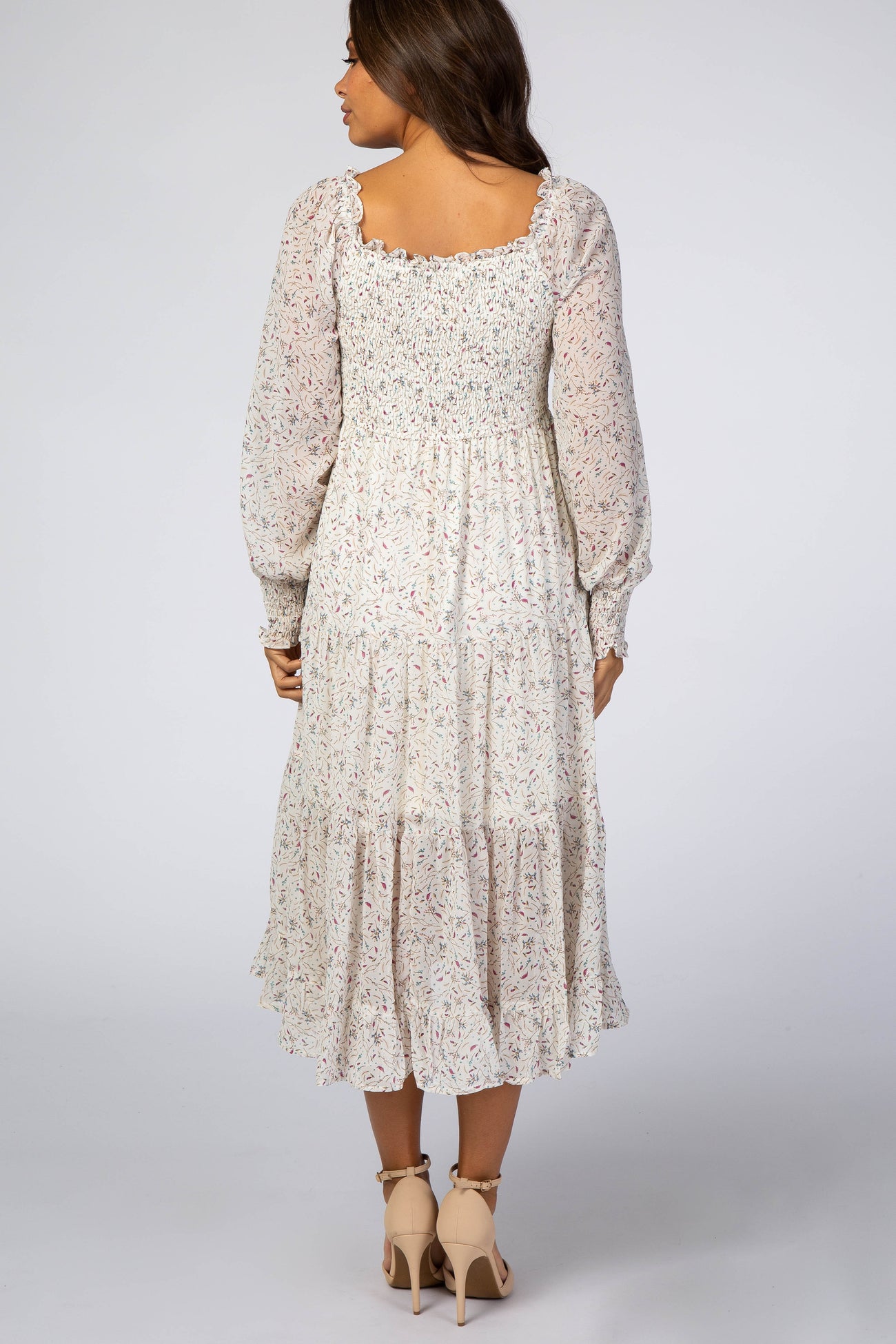 Ivory Floral Smocked Front Ruffle Hem Maternity Midi Dress