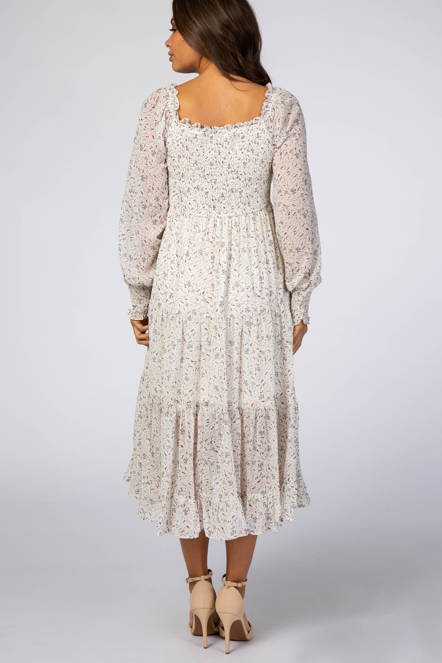 Ivory Floral Smocked Front Ruffle Hem Maternity Midi Dress