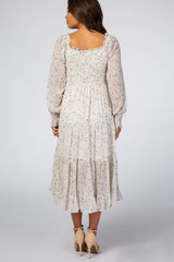 Ivory Floral Smocked Front Ruffle Hem Maternity Midi Dress