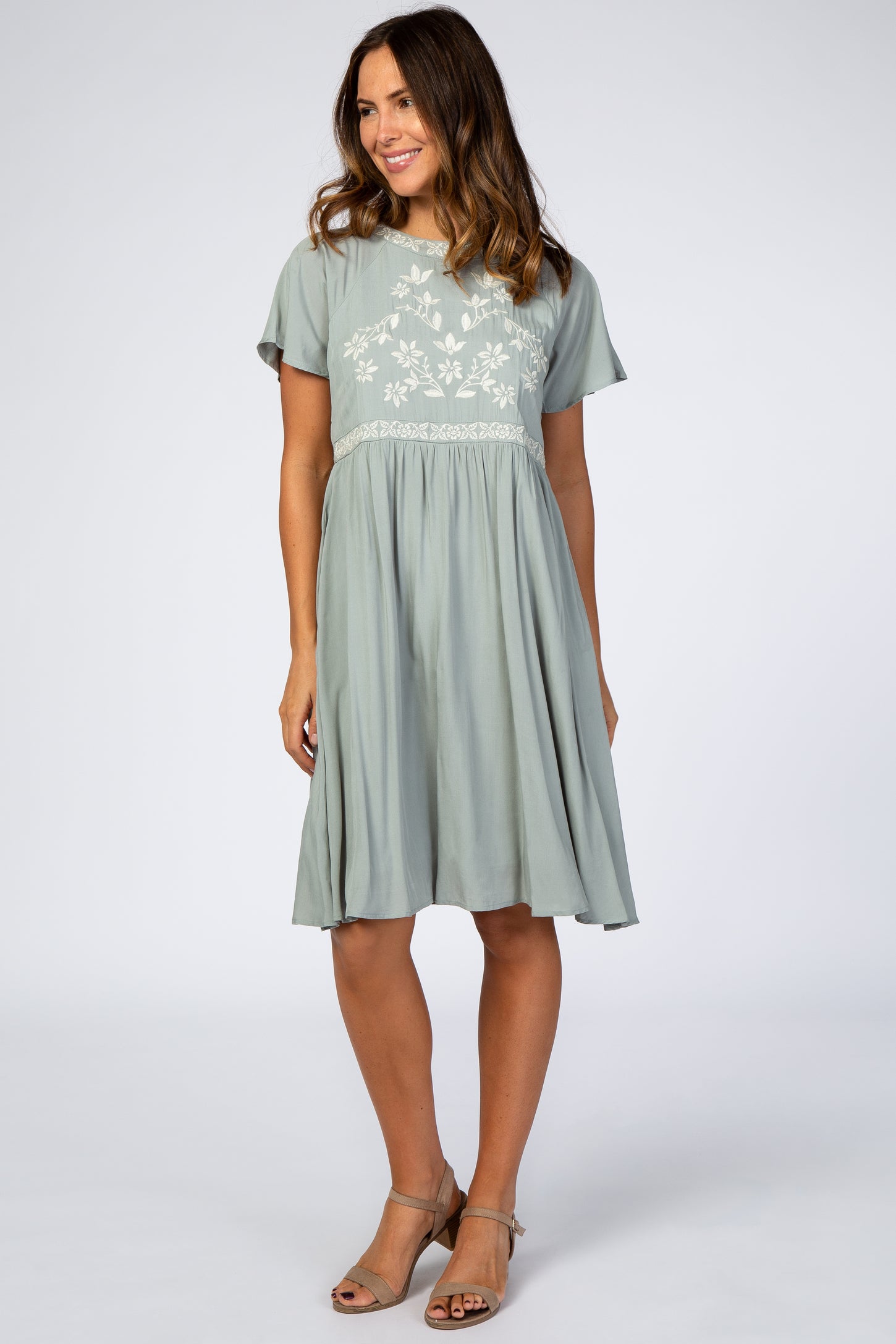 Light Olive Floral Embroidered Maternity Dress