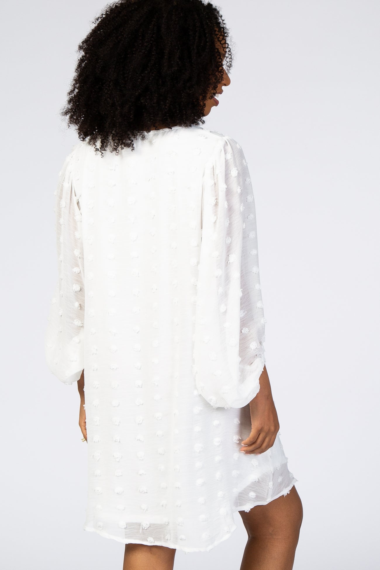 White Swiss Dot Bubble Sleeve Dress