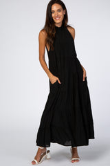 Black Tiered High Neck Maxi Dress
