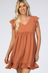 Rust Ruffle Hem V-Neck Dress