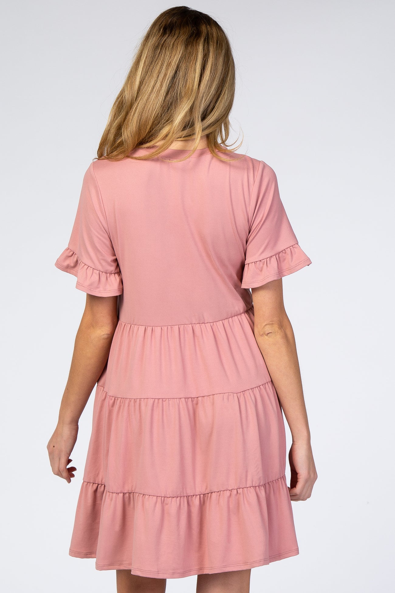 Pink Tiered Short Sleeve Maternity Dress