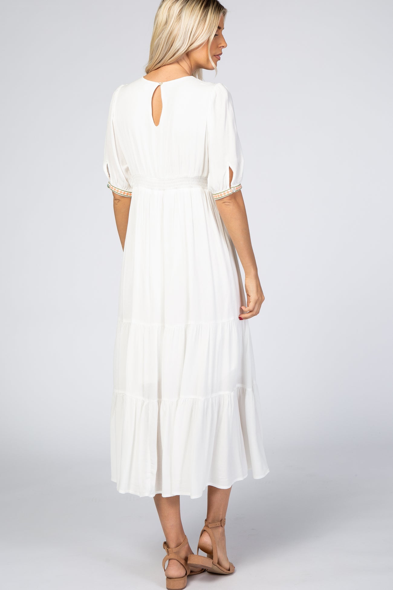 Ivory Floral Embroidered Midi Dress