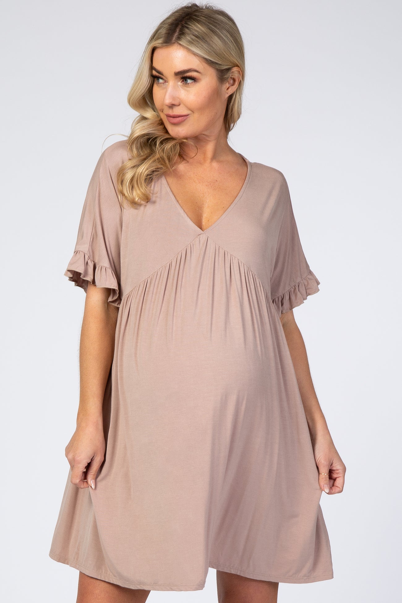 Taupe Ruffle Sleeve Baby Doll Maternity Dress