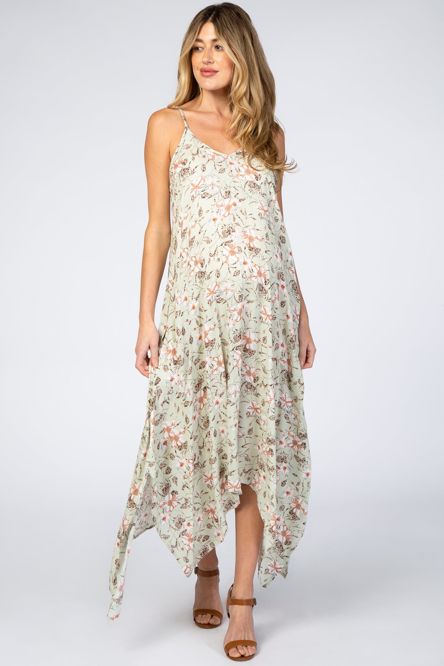 Light Mint Floral Asymmetrical Hem Maternity Dress